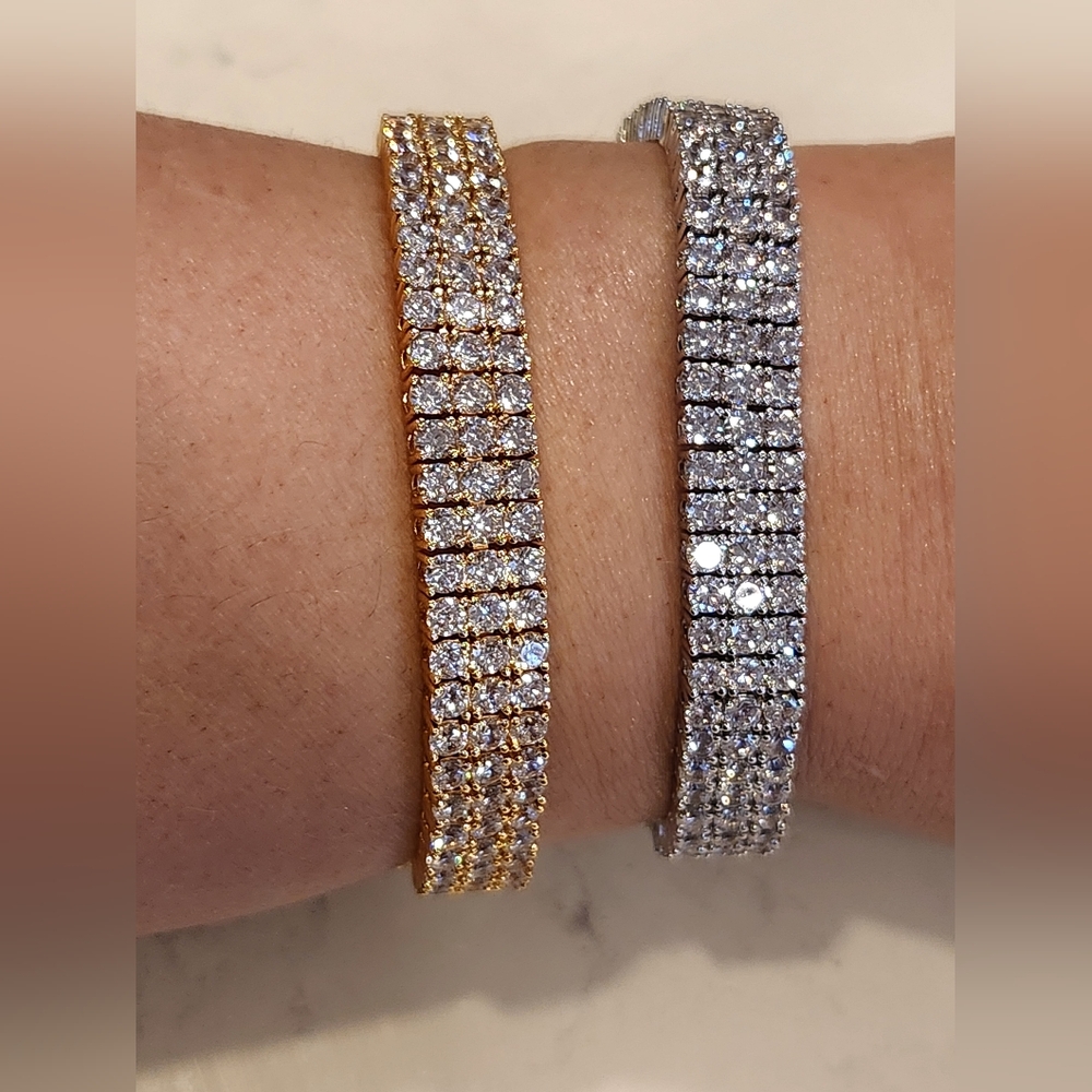 MDFUN Hip Hop Style White Golden Triple Row Cubic Zirconia Tennis Bracelet